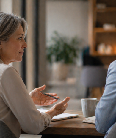 Engaged conversation in a cozy workspace