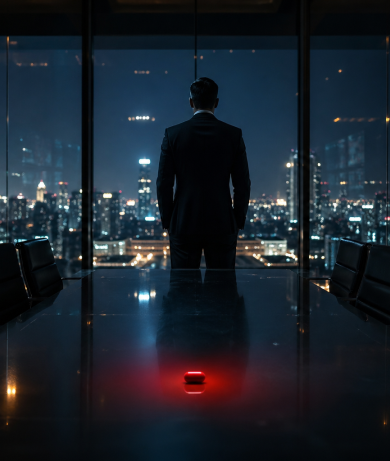 Contemplative executive in a high-rise boardroom  