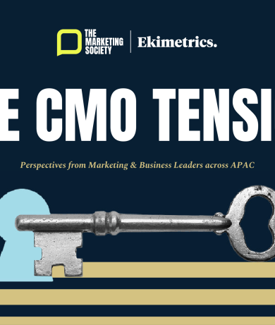 The CMO Tension Report showing The Marketing Society and Ekimetrics logo and a key to unlocking it