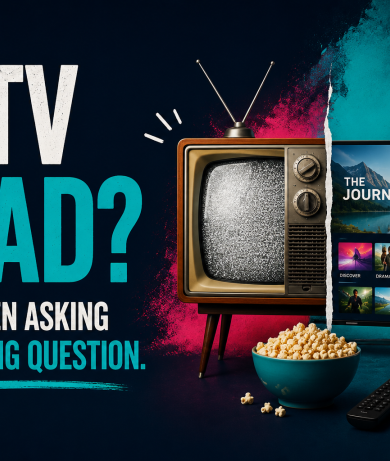 Graphic promoting an event titled "Is TV Dead? We've Been Asking the Wrong Question", featuring a vintage television alongside a modern streaming TV to illustrate the evolution of television and media consumption.