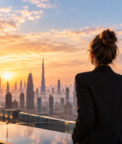 A woman in a dark business suit stands on a rooftop overlooking a modern city skyline at sunset, symbolising ambition, leadership and human vision in the age of AI.