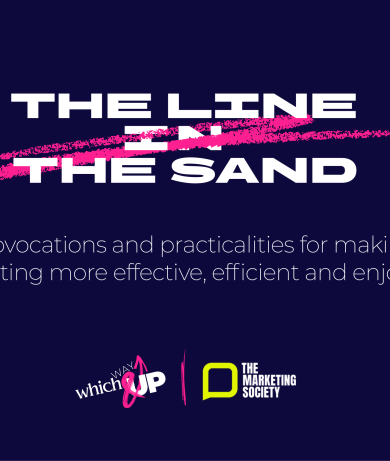  The Line in the Sand report cover showing The Marketing Society and WhichWayUp logos, with a pink line struck through the title
